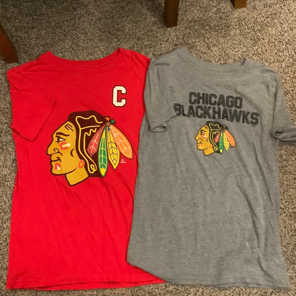 (2) boys size 10/12 Chicago Blackhawks T-shirts.